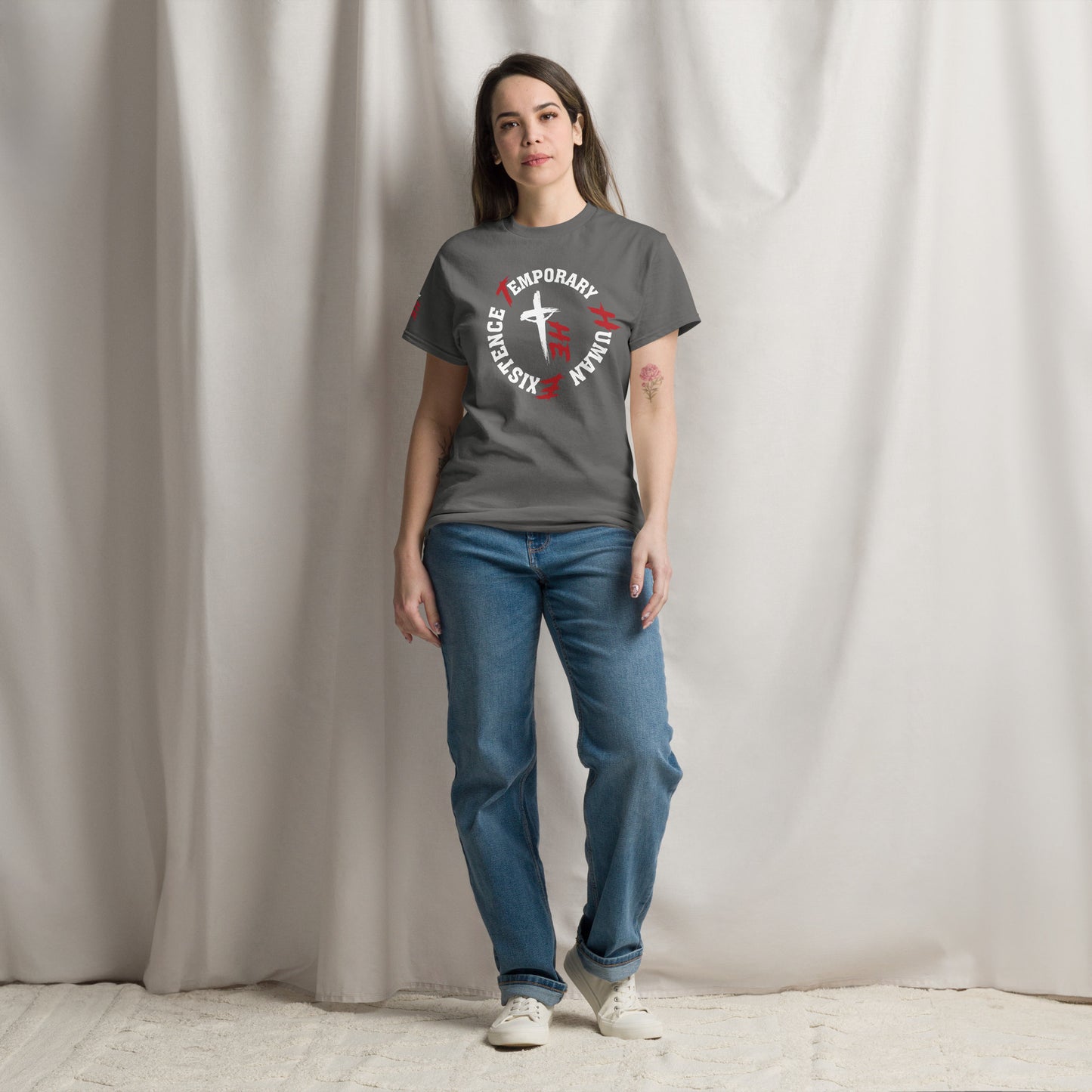 Women's Classic Tee Front/Right Sleeve Logos - Sacrifice Logo