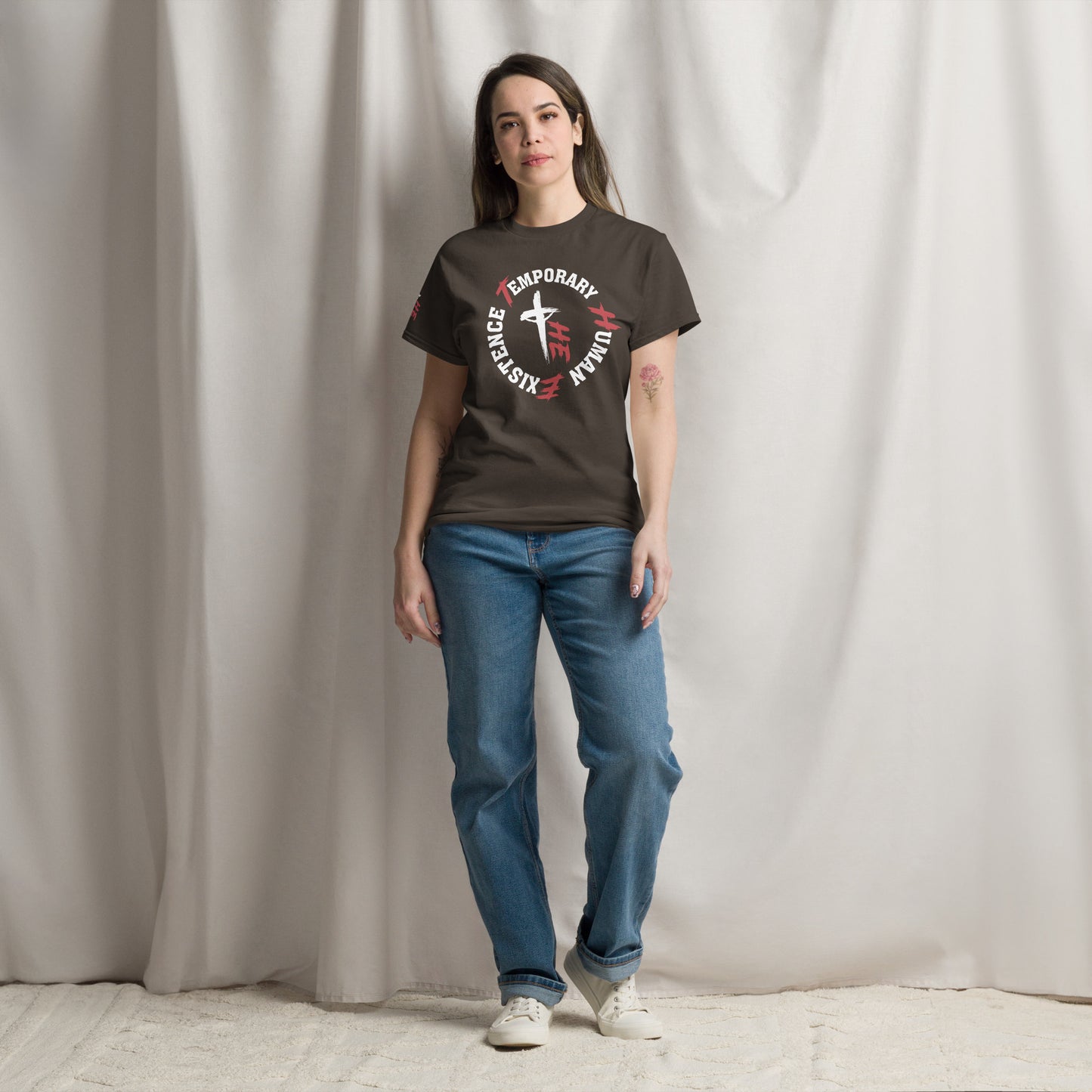 Women's Classic Tee Front/Right Sleeve Logos - Sacrifice Logo