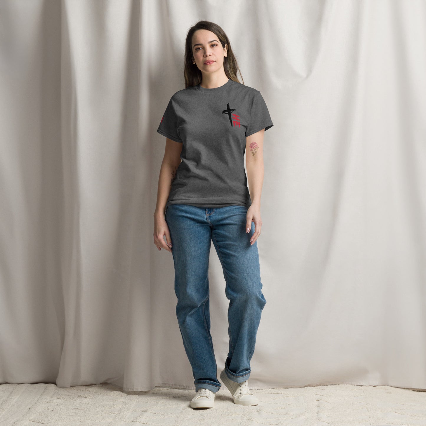 Women's Classic Tee Front/Back/Right Sleeve Logos - Sacrifice Logo