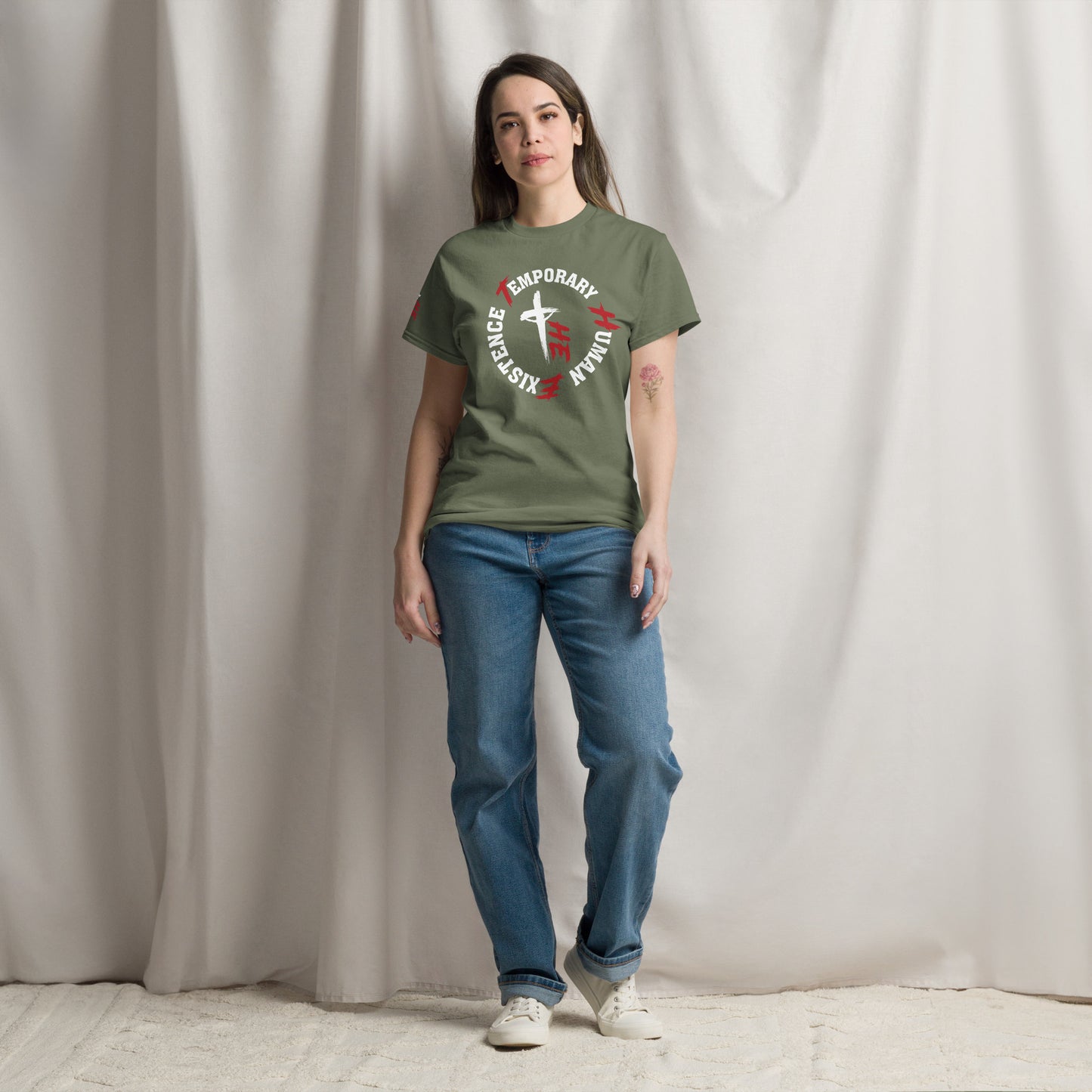 Women's Classic Tee Front/Right Sleeve Logos - Sacrifice Logo