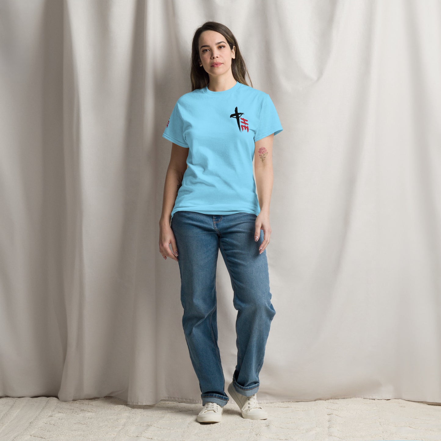 Women's Classic Tee Front/Back/Right Sleeve Logos - Sacrifice Logo